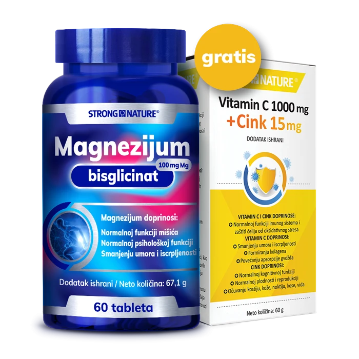 Strong Nature® <br /> Paket Magnezijum bisglicinat + GRATIS Vit C 1000 mg + Cink 15 mg
