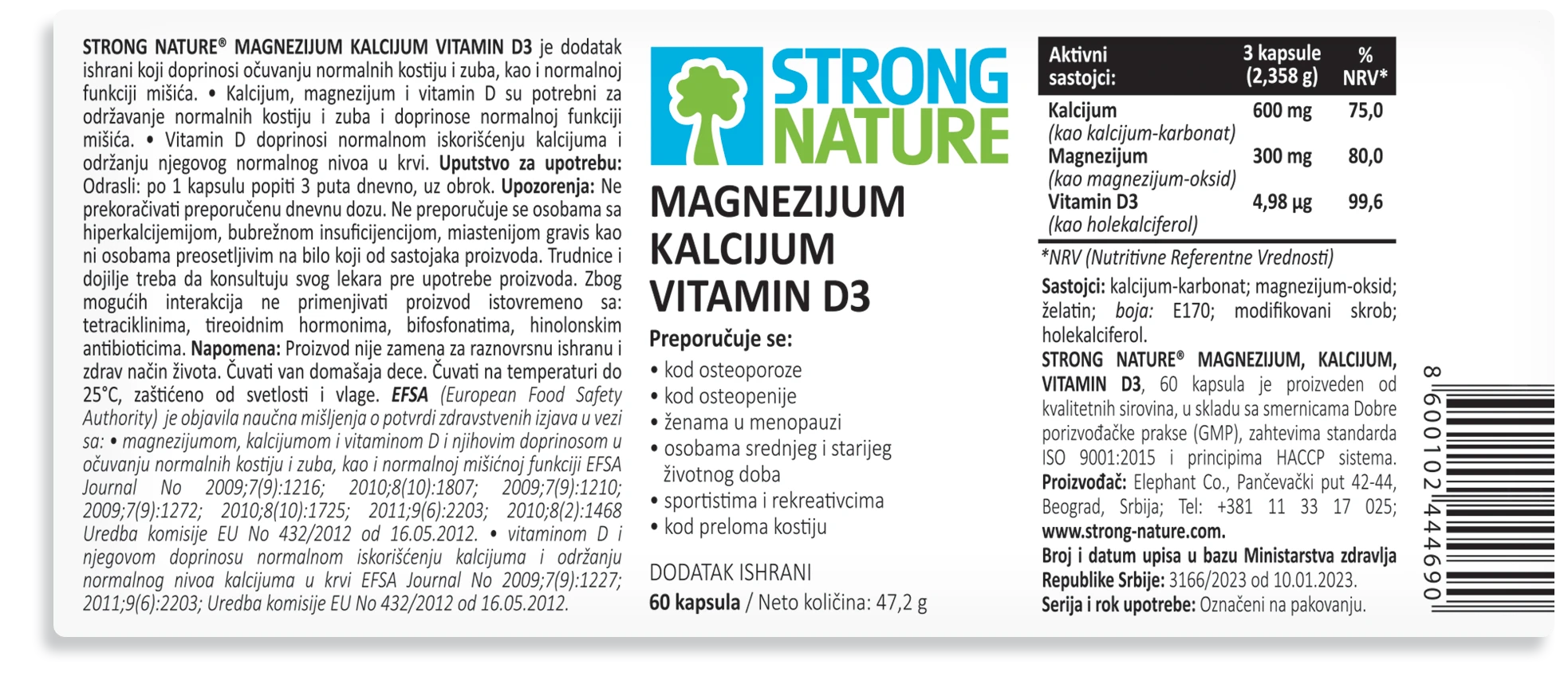 Strong Nature® <br />Magnezijum, Kalcijum, Vitamin D3