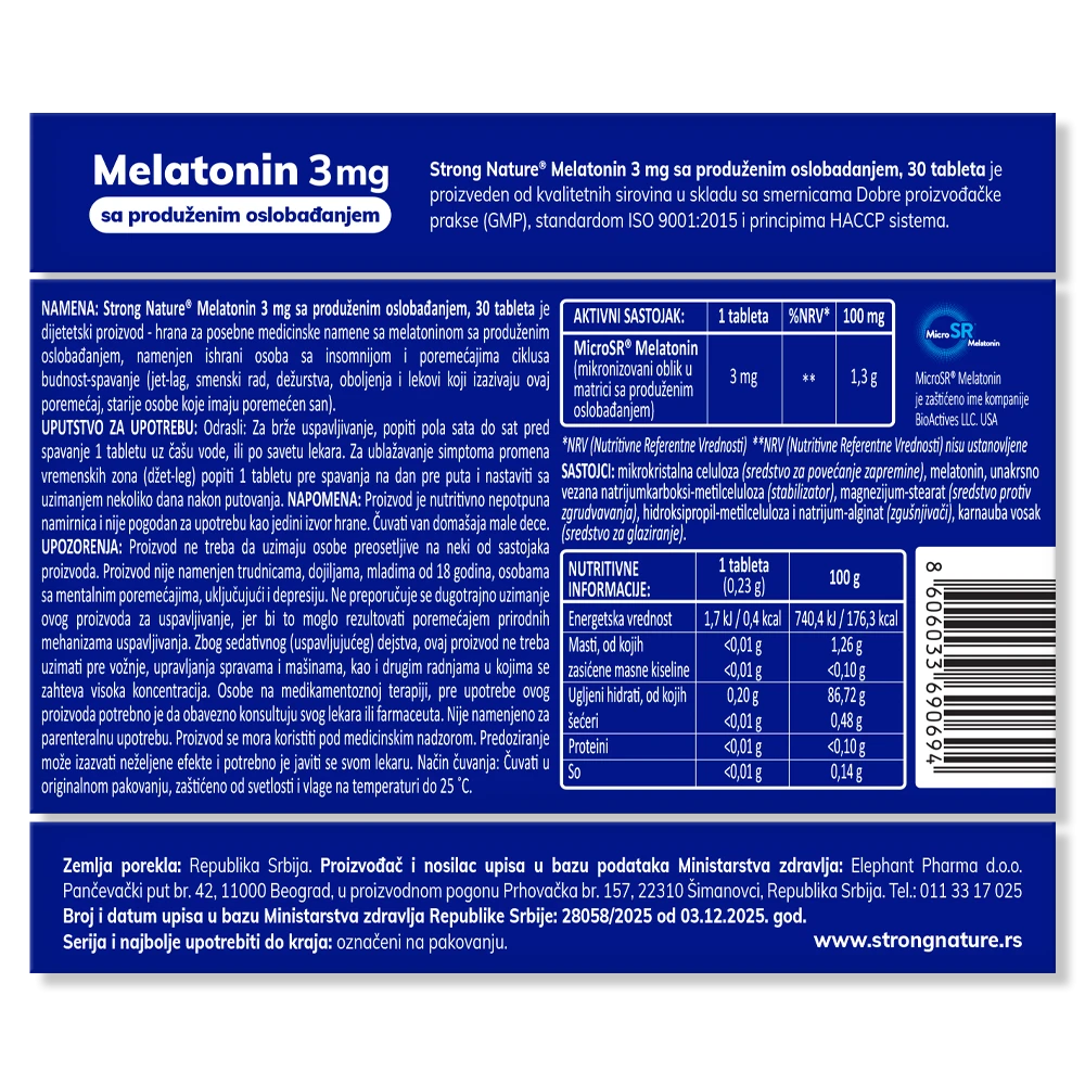 Strong Nature® <br />Melatonin 3 mg sa produženim oslobađanjem