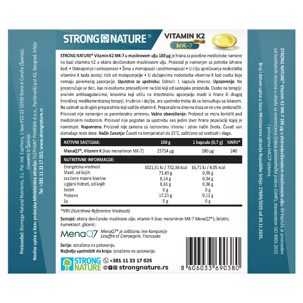 Strong Nature® <br />Vitamin K2 MK-7 <br />u ekstra devičanskom maslinovom ulju